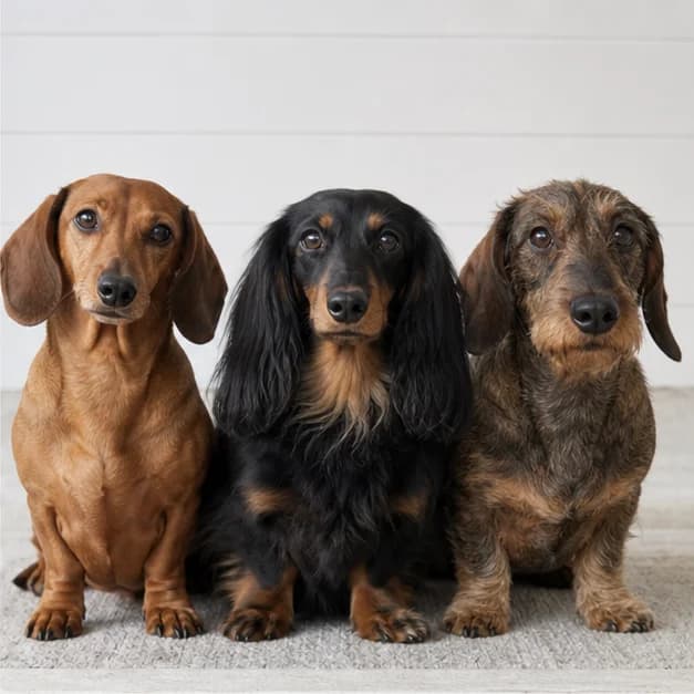 Smooth, longhaired, and wirehaired Dachshunds sitting together indoors with their coat textures clearly visible
