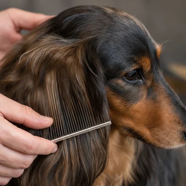 Metal comb passing gently through a longhaired Dachshund's ear feathering without pulling