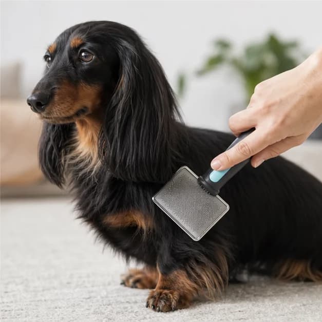 Longhaired black and tan Dachshund being gently brushed in the direction of coat growth
