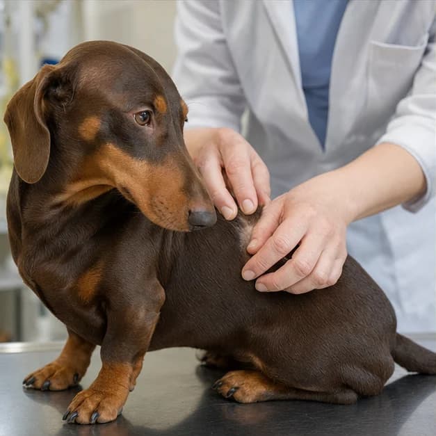 Veterinarian calmly examining a Dachshund with a small area of coat thinning