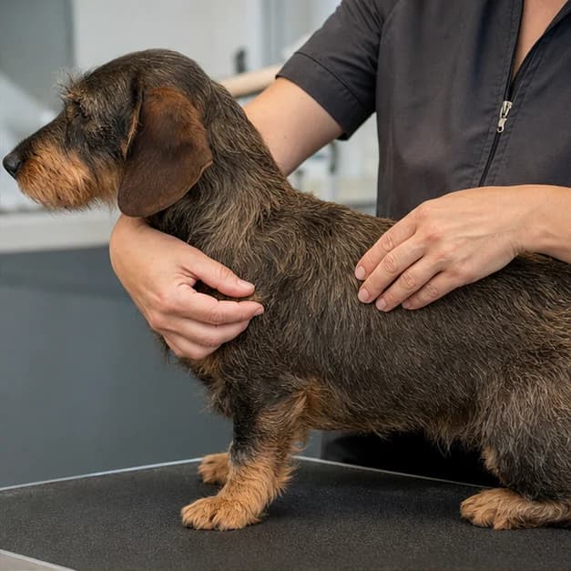 Experienced groomer assessing the coarse coat texture of a calm wirehaired Dachshund