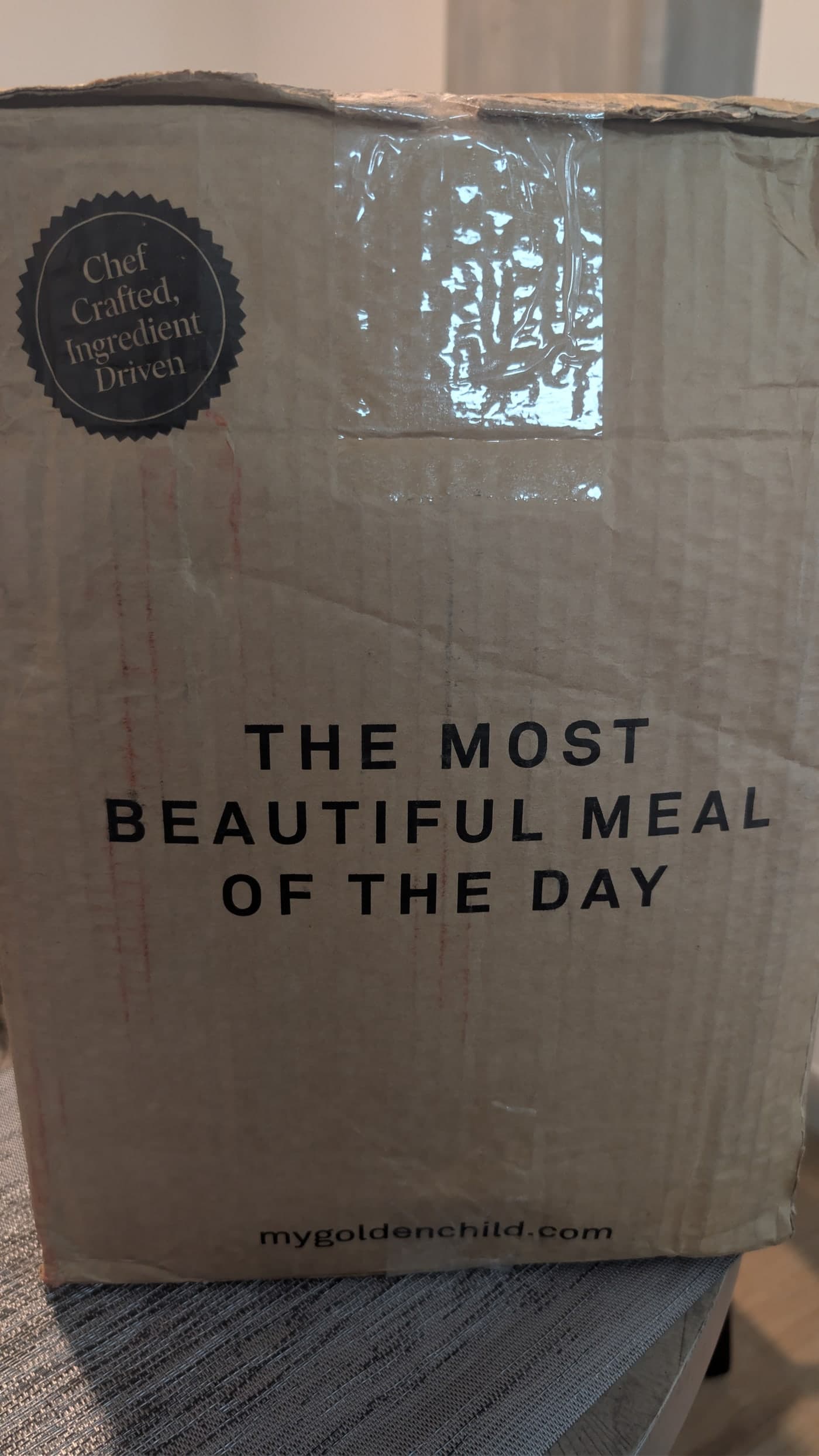 Golden Child insulated dog food shipping box with chef-crafted label