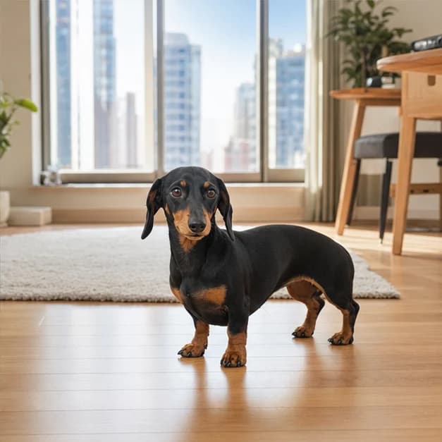Adult smooth-coated miniature Dachshund standing in a bright living room