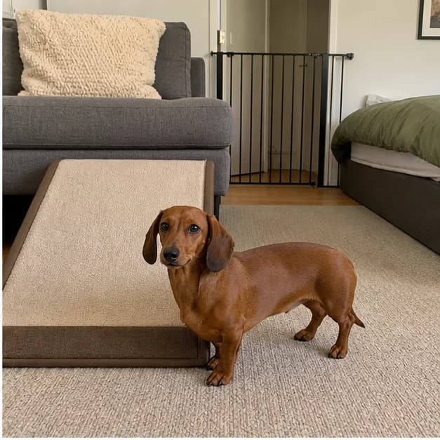 Miniature Dachshund beside a low ramp and nonslip rug in a realistic living room