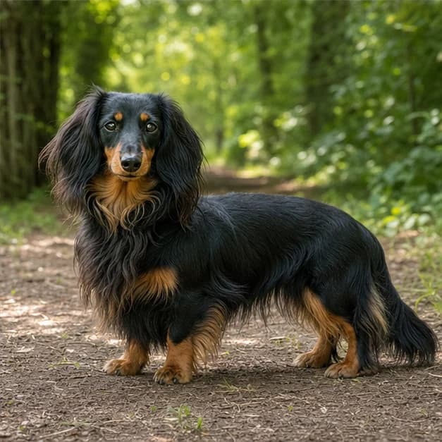 Longhaired miniature Dachshund standing on a woodland path with visible feathering