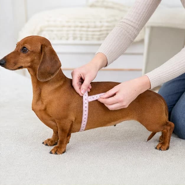 Owner measuring a standing miniature Dachshund's chest with a soft tape