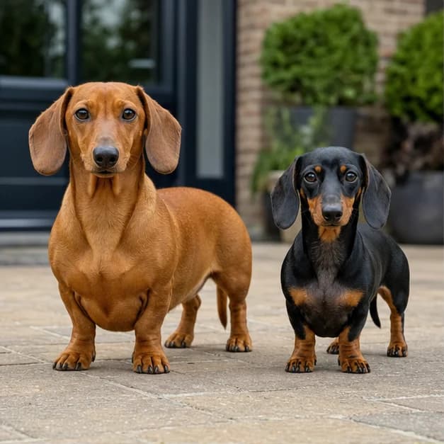 Miniature and standard Dachshunds standing side by side on the same level floor