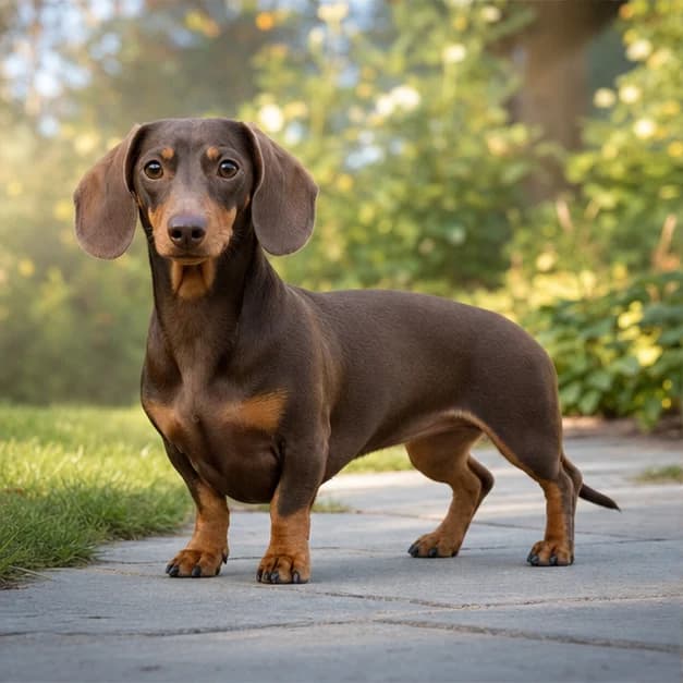 Smooth-coated miniature Dachshund standing in soft natural window light