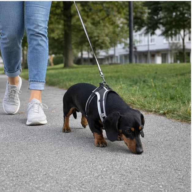 Miniature Dachshund taking a relaxed sniff walk in a fitted reflective harness