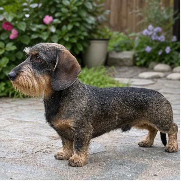 Wirehaired miniature Dachshund in side view with clear eyebrows and beard