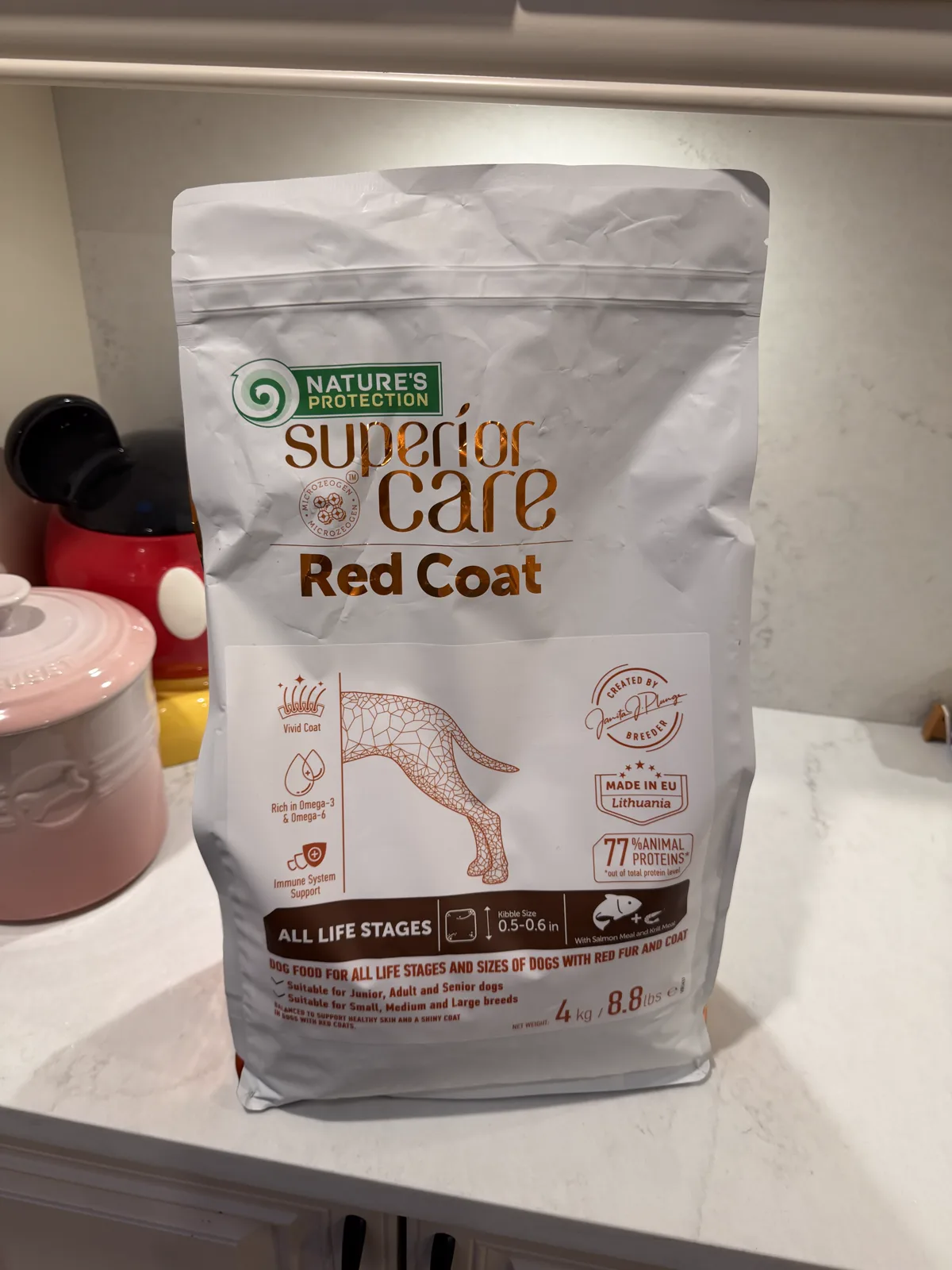 Front of an 8.8-pound Nature's Protection Superior Care Red Coat dog food bag
