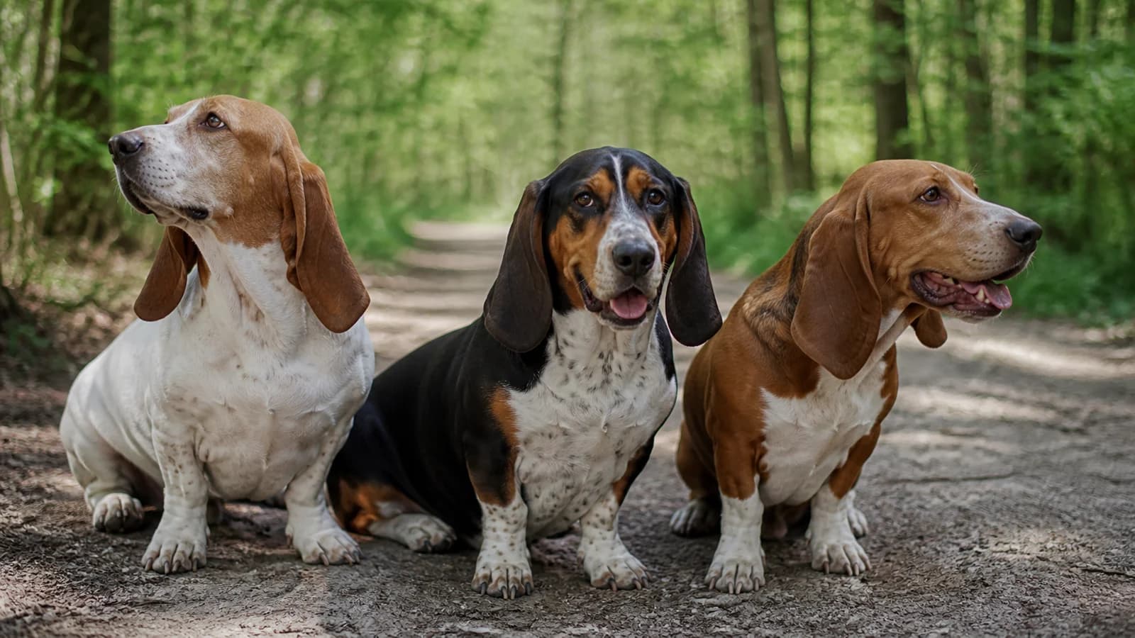 Three realistic mixed-breed dogs with different Basset-like traits sitting outdoors