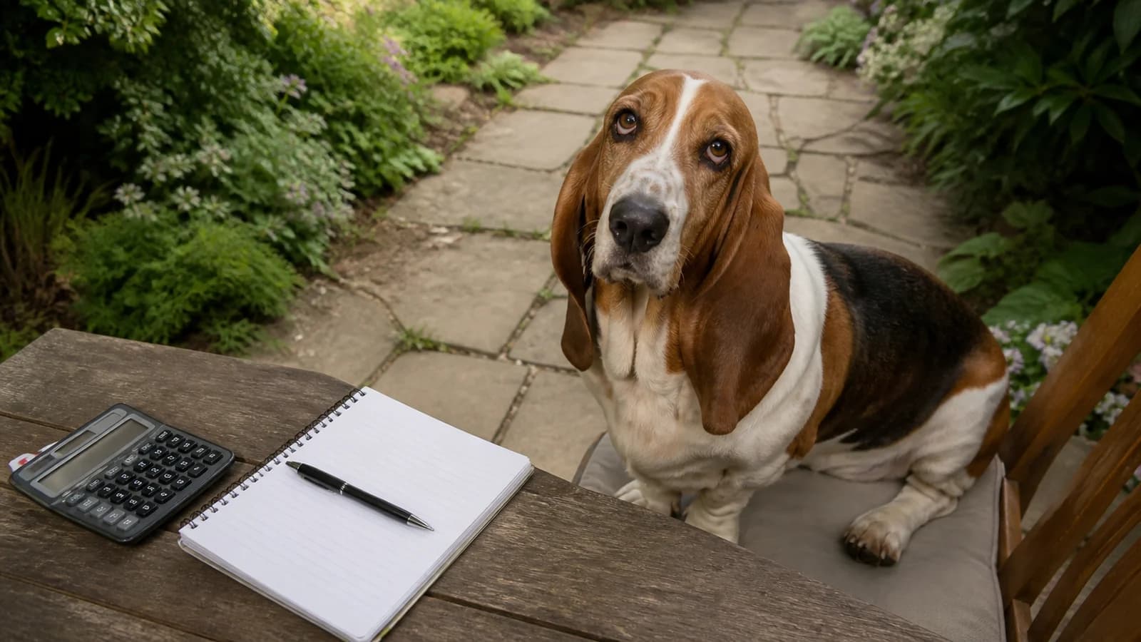 Adult Basset Hound sitting beside a notebook and calculator on a home desk, no readable text