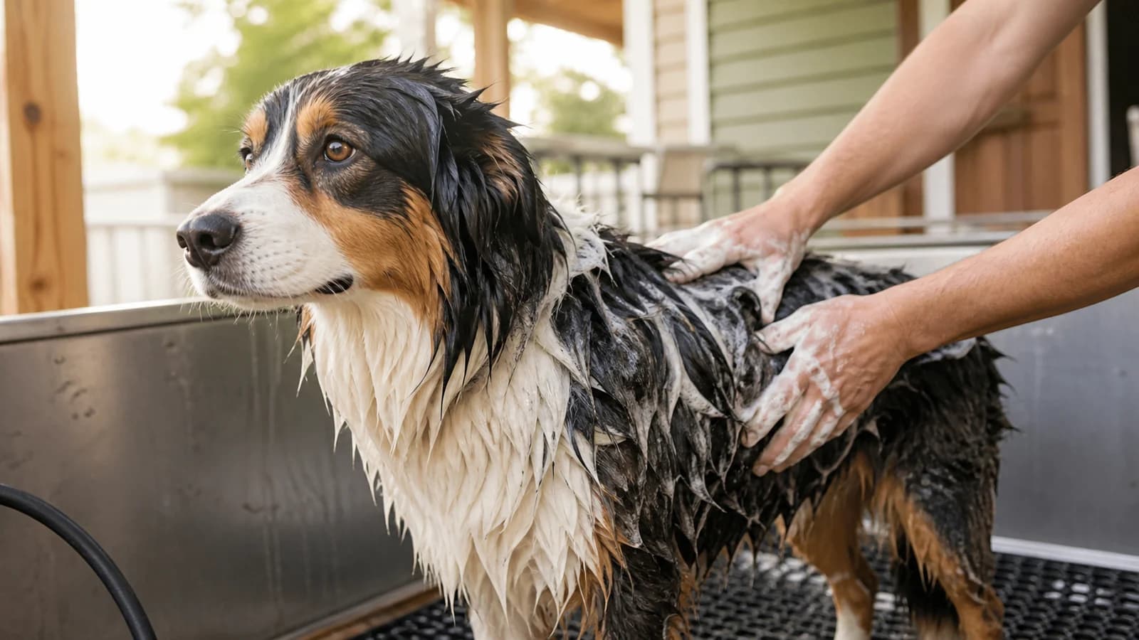 Wet Australian Shepherd being gently lathered at an outdoor dog-wash station