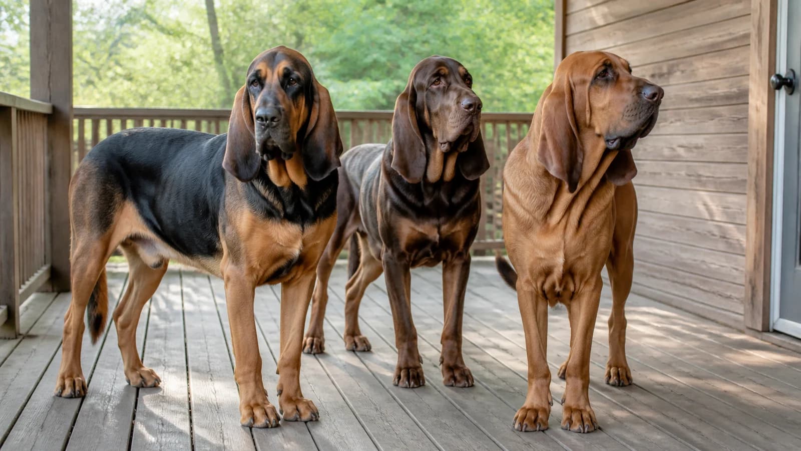 Three adult Bloodhounds showing black-and-tan, liver-and-tan and red coats together outdoors