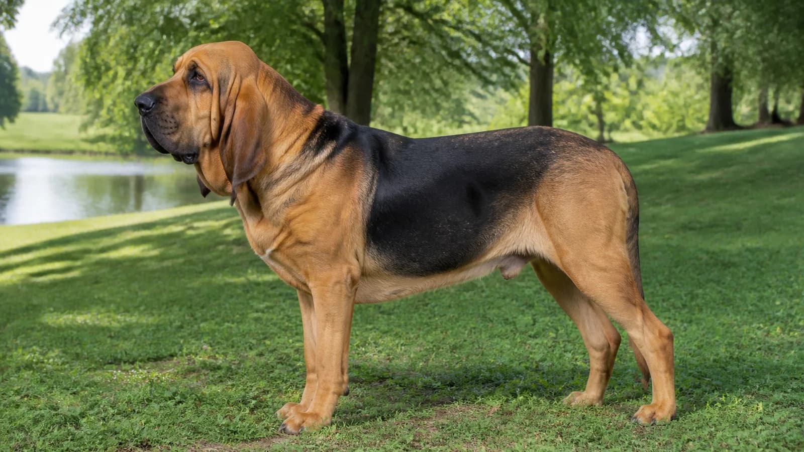 Side-profile adult Bloodhound showing long ears, substantial frame and loose skin
