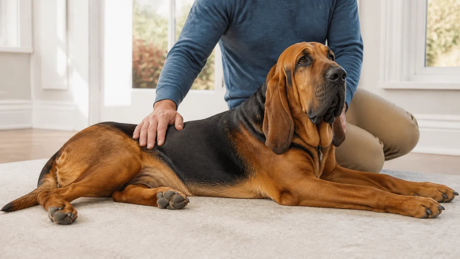 Relaxed Bloodhound resting near an adult family member in a bright home