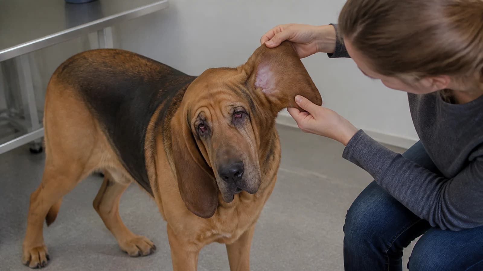 Owner gently inspecting a Bloodhound ear in a calm home care setting