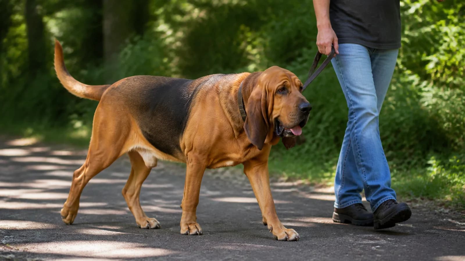 Healthy adult Bloodhound walking beside its owner on a shaded path