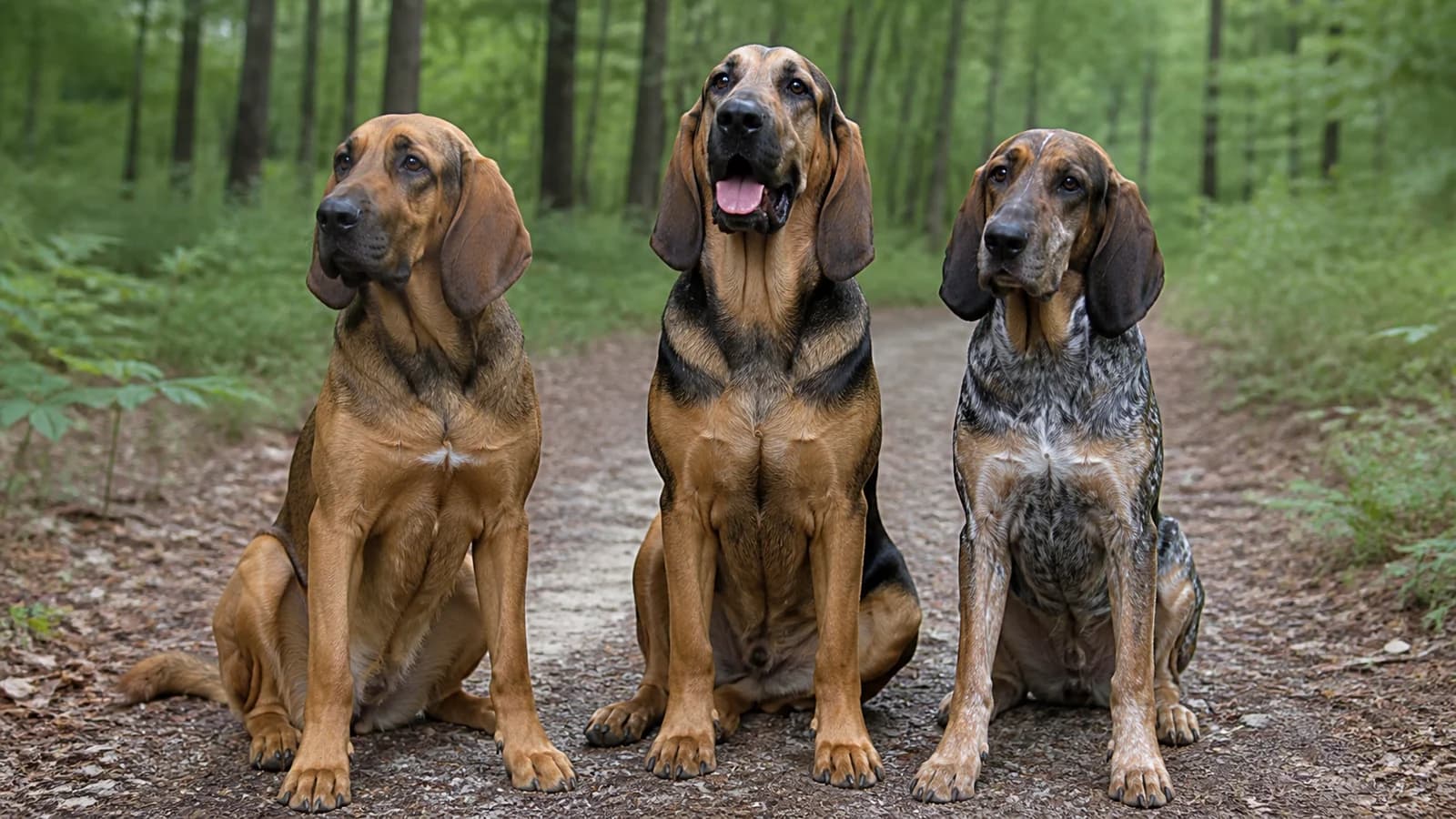 Three realistic mixed-breed dogs with different Bloodhound-like traits sitting outdoors