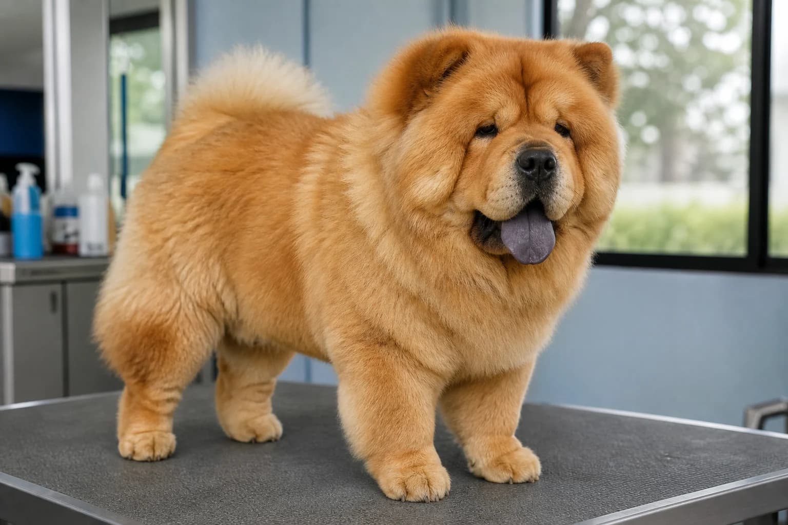 Close portrait of a relaxed Chow Chow showing normal blue-black tongue pigmentation