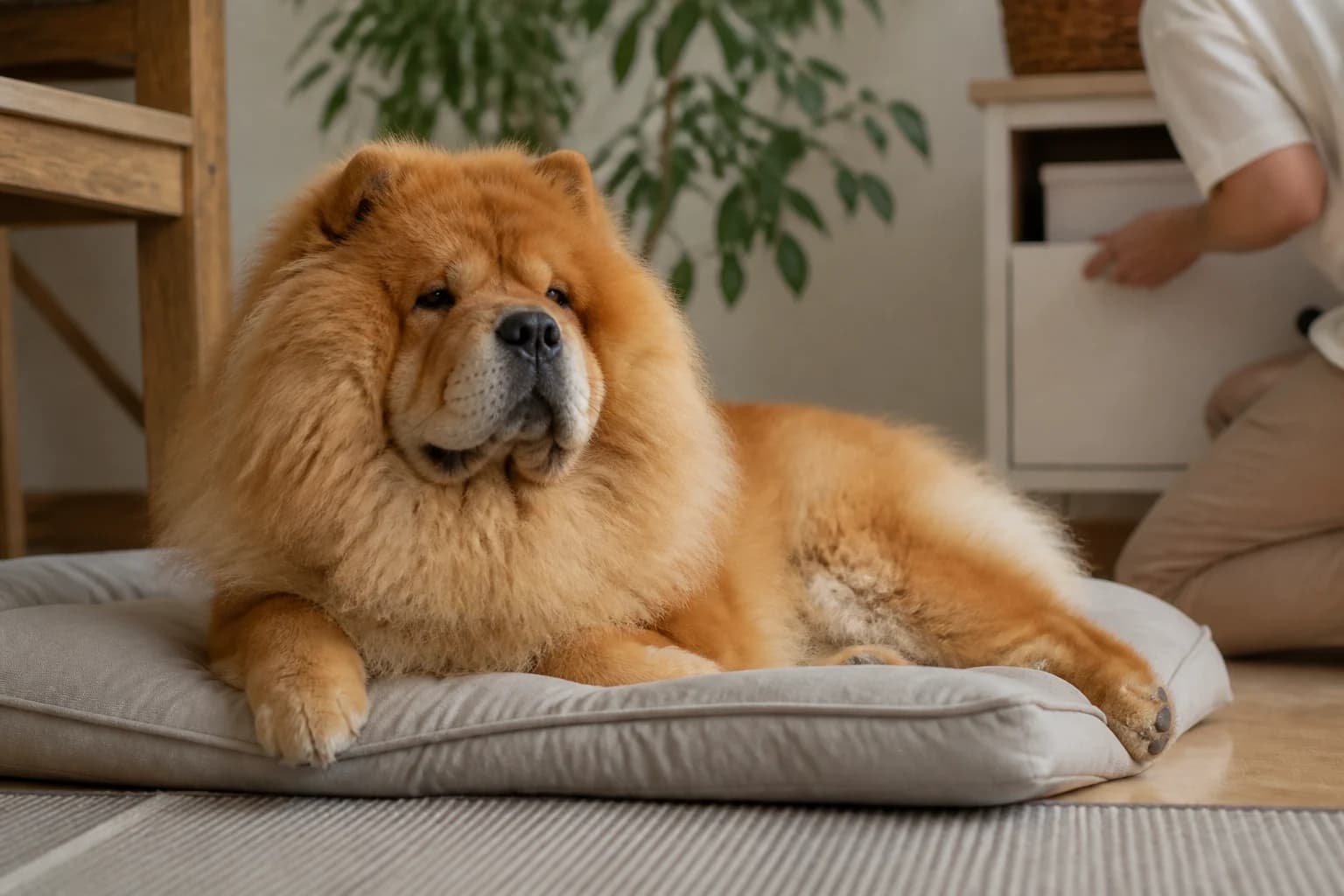 Chow Chow calmly observing household activity from its own resting space