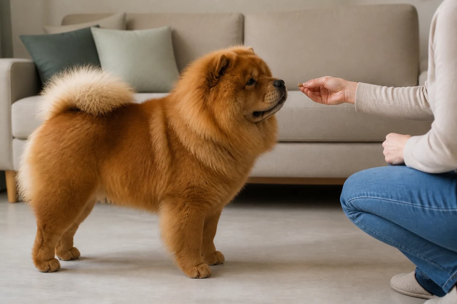 Chow Chow practicing a reward-based check-in on a shaded walkway