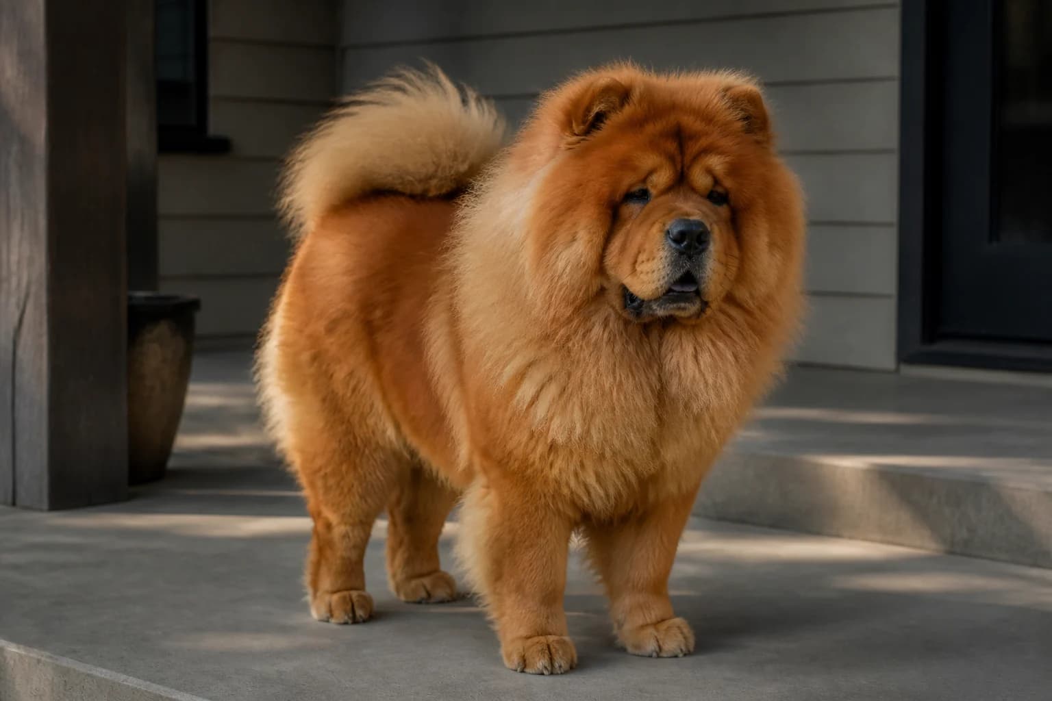 Adult red rough-coat Chow Chow standing outdoors with a square outline and natural mane