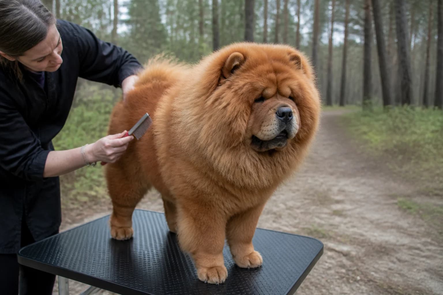 Professional groomer line-brushing a red rough-coat Chow Chow