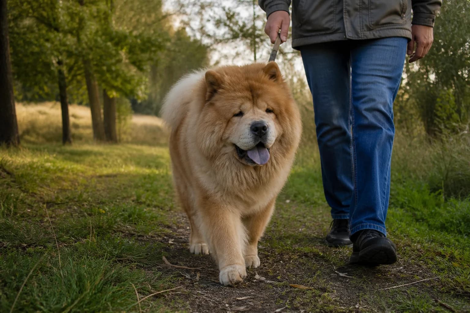 Healthy senior Chow Chow walking comfortably with an owner in cool morning shade