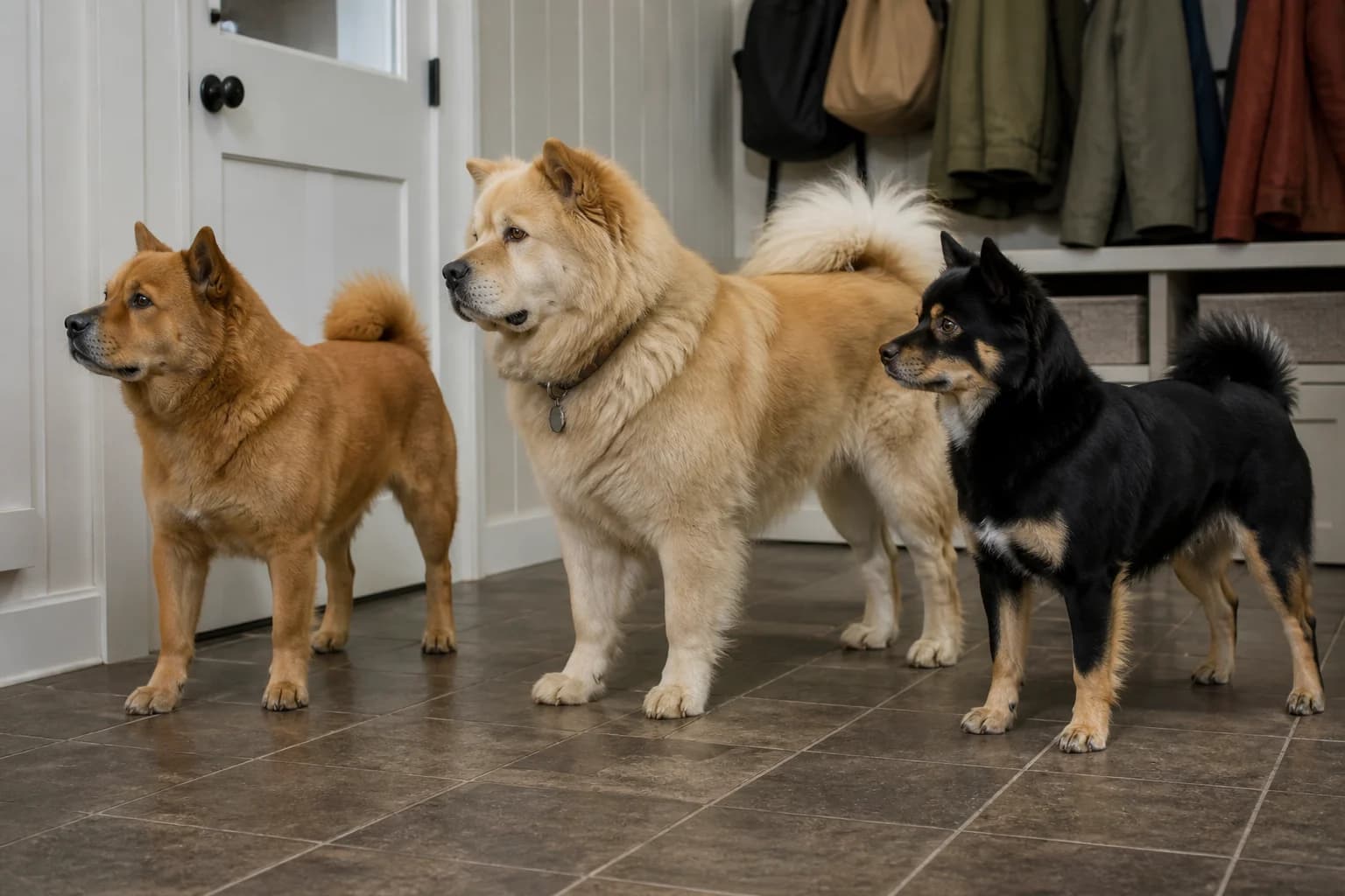 Three adult Chow Chow mixes with different realistic coat and size outcomes