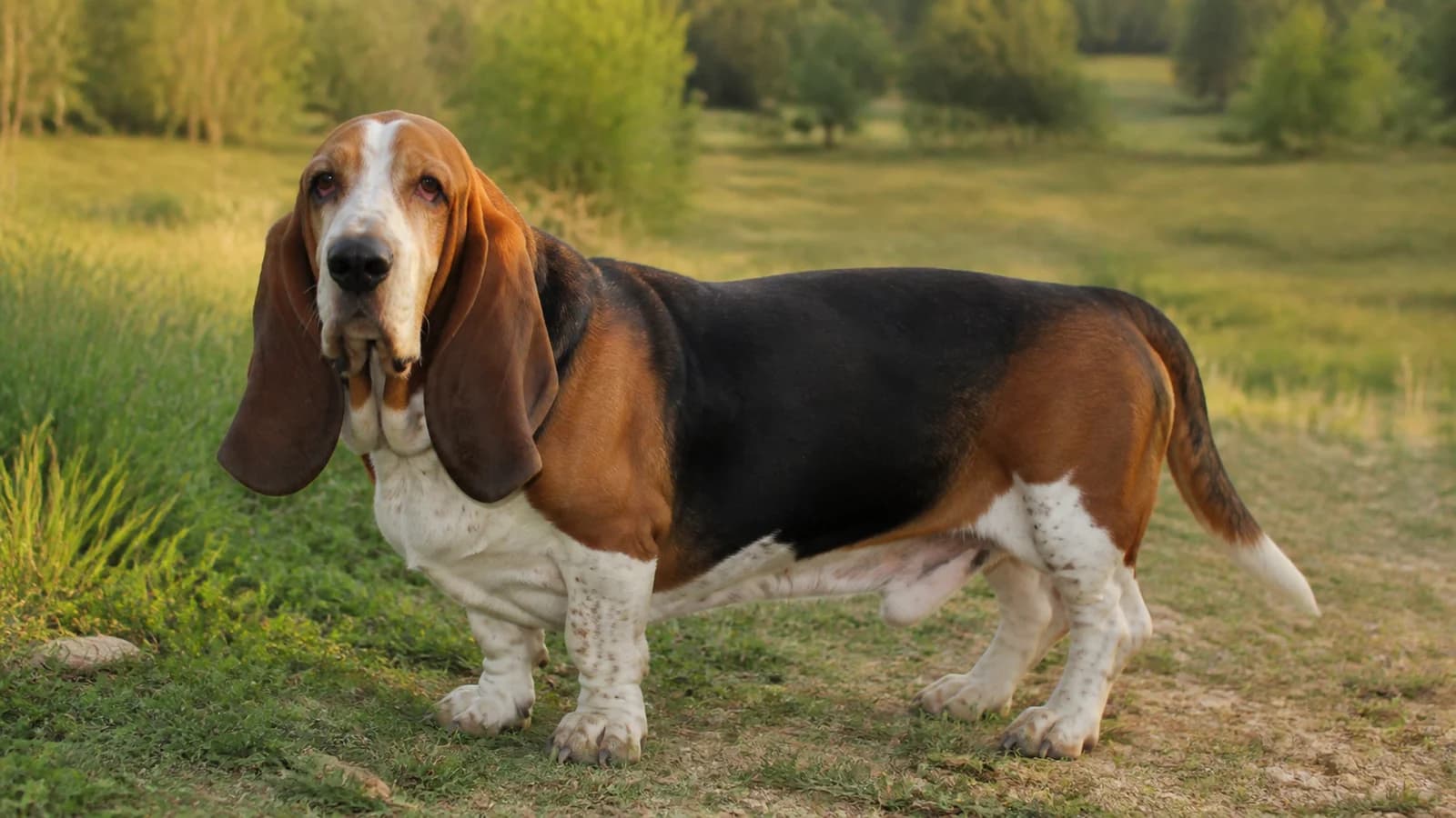 Adult tricolor Basset Hound standing outdoors in a full-body three-quarter portrait