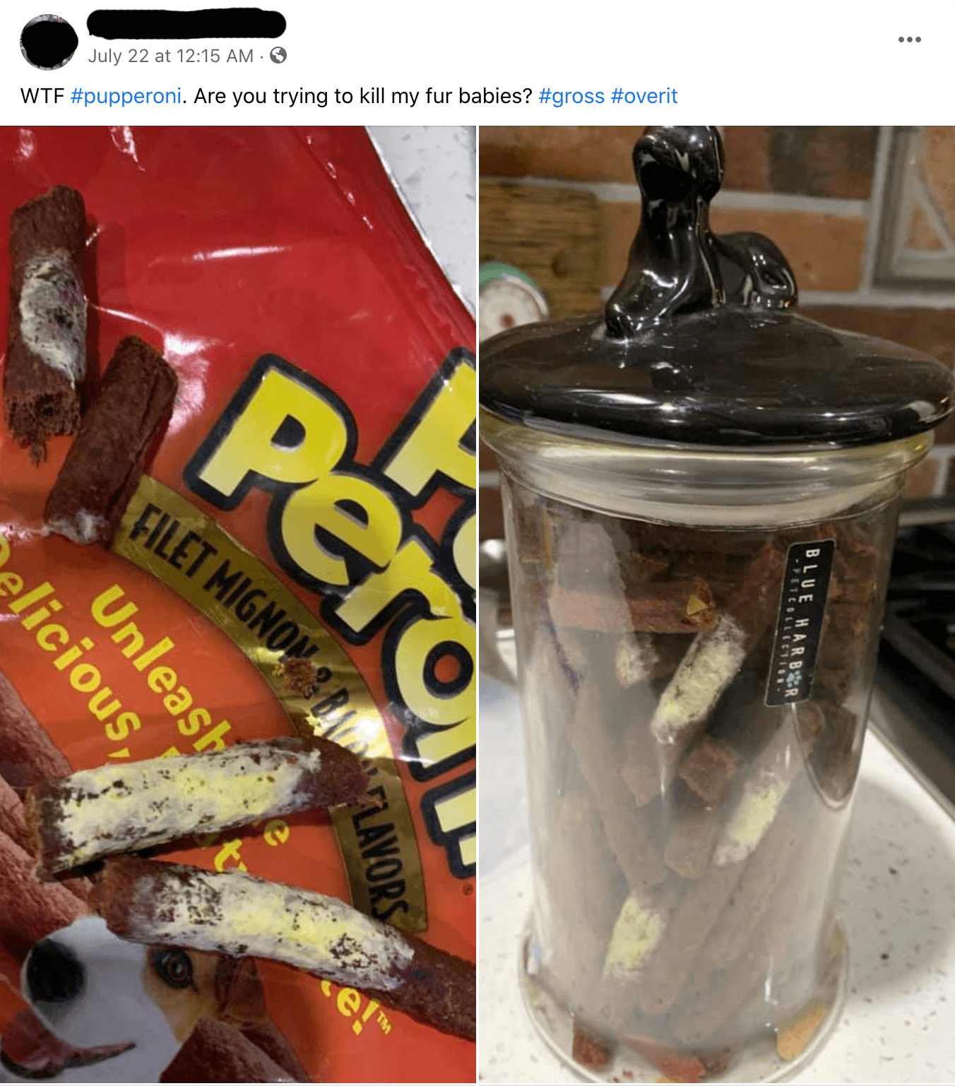 A photo posted on Facebook of some moldy Pup-Peroni treats. It is captioned, "WTF #pupperoni. Are you trying to kill my fur babies? #gross #overit"