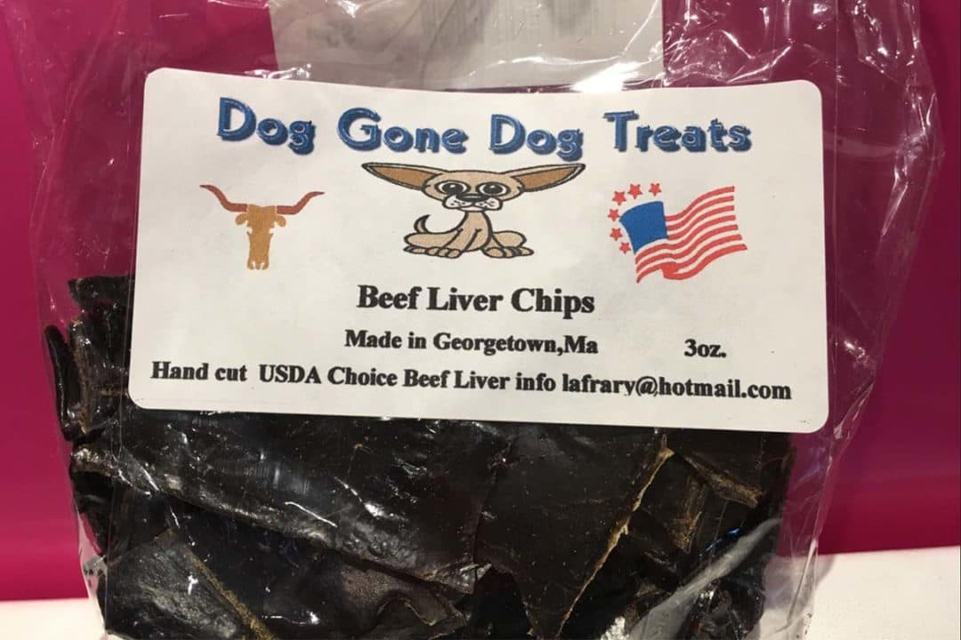 Photo of Dog Gone Dog Treats "Beef Liver Chips" flavor package showing the dehydrated dog treats.