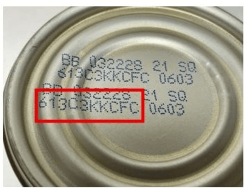 Bottom of can example – location of lot codes Lot codes: 613C3KKCFC & 613C1KKCFC 
