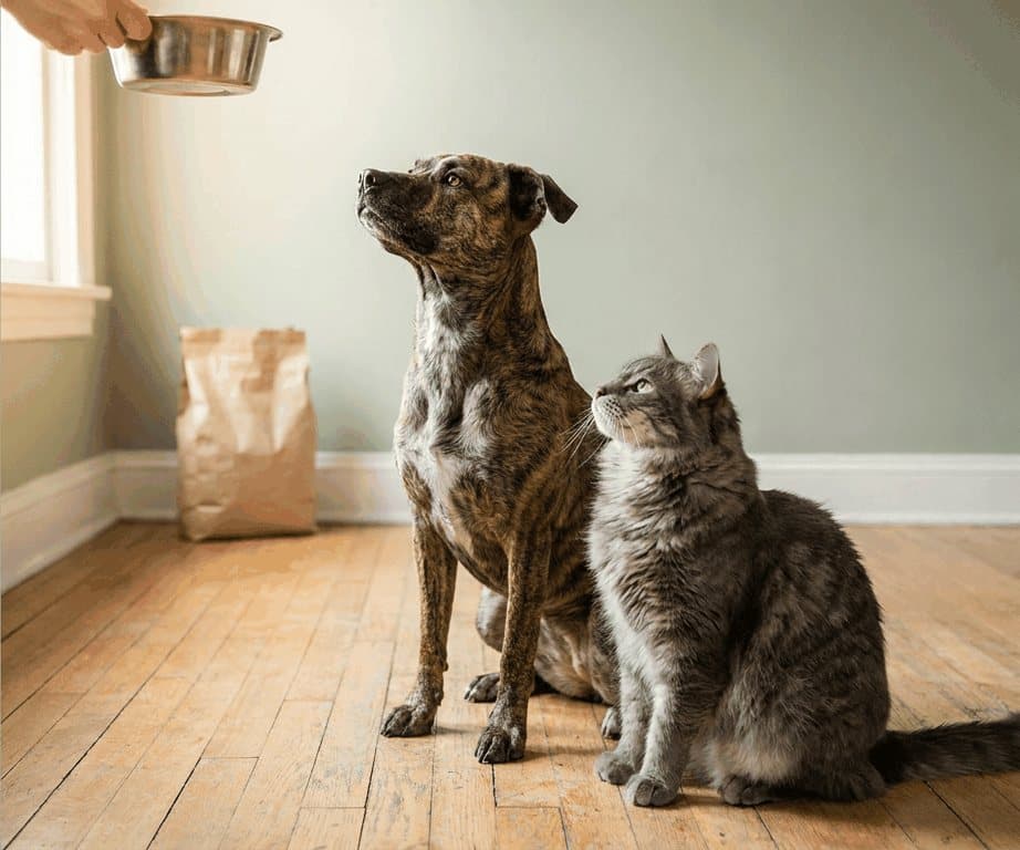 A brindle dog and a grey tabby cat look up at a bowl being held out to them