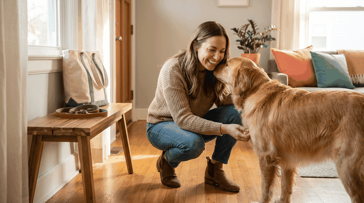 Pet sitter greeting a dog at the front door