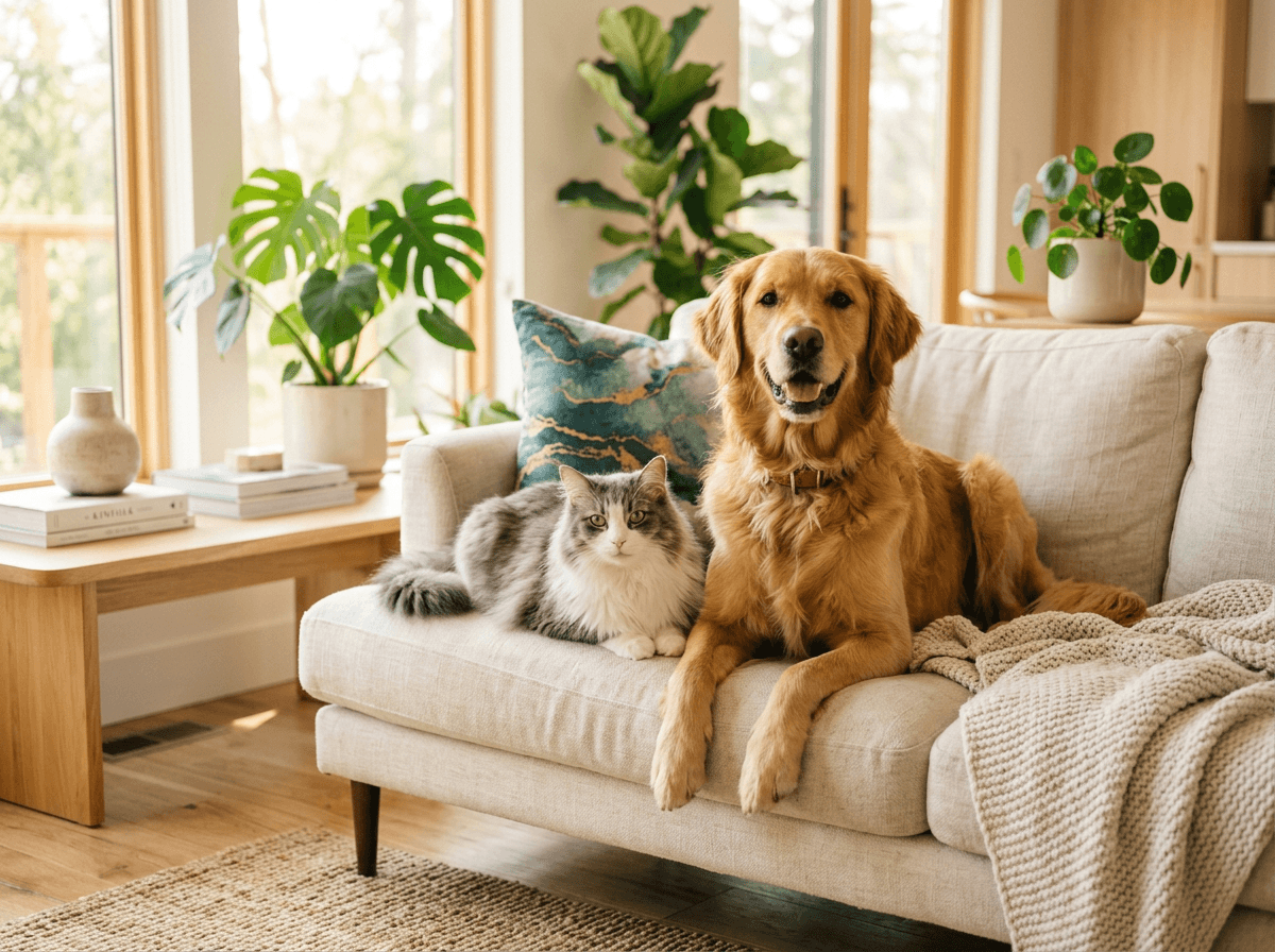 A happy golden retriever and a cat relaxing together at home