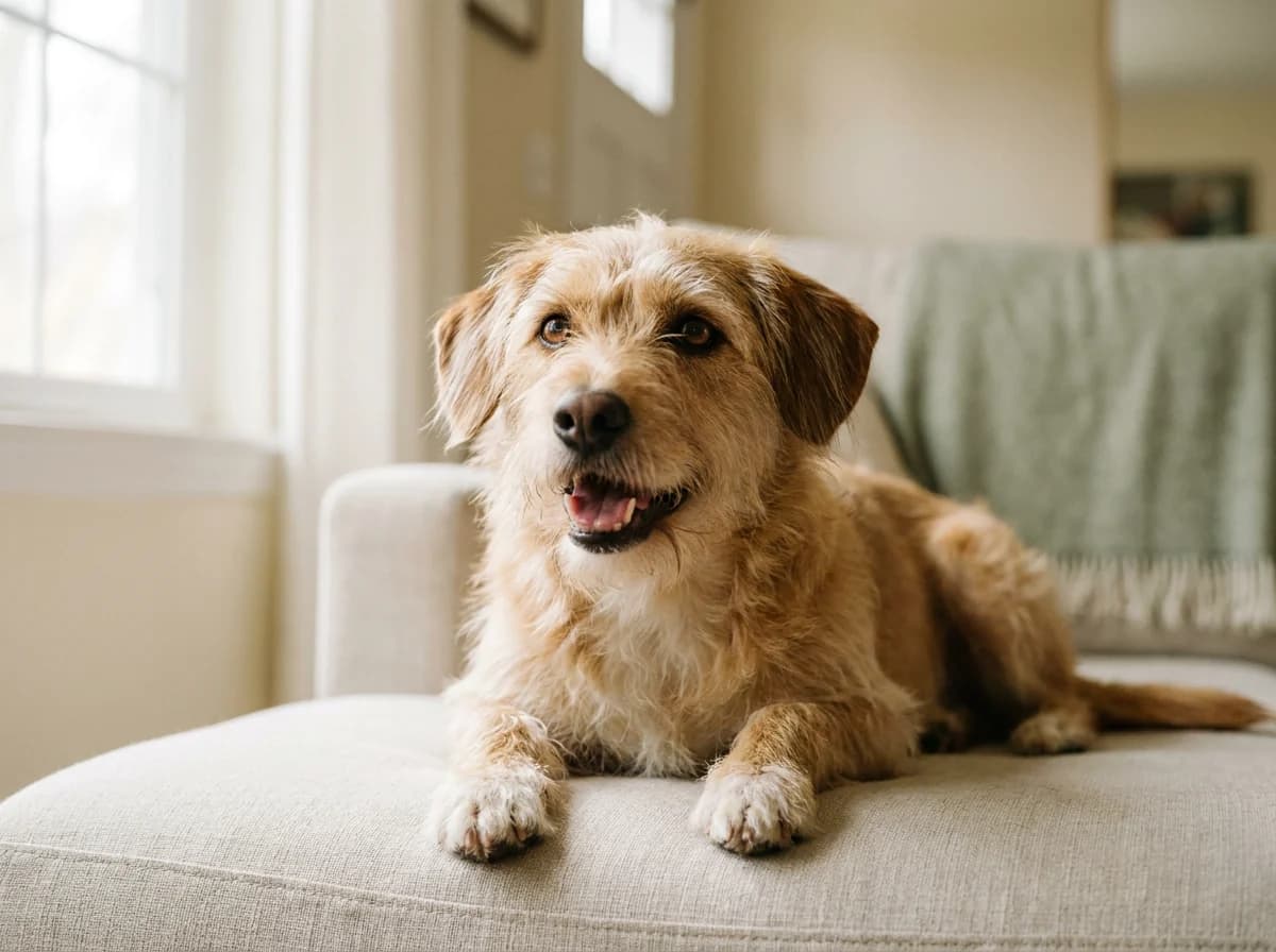 A happy scruffy terrier relaxing on a linen sofa.