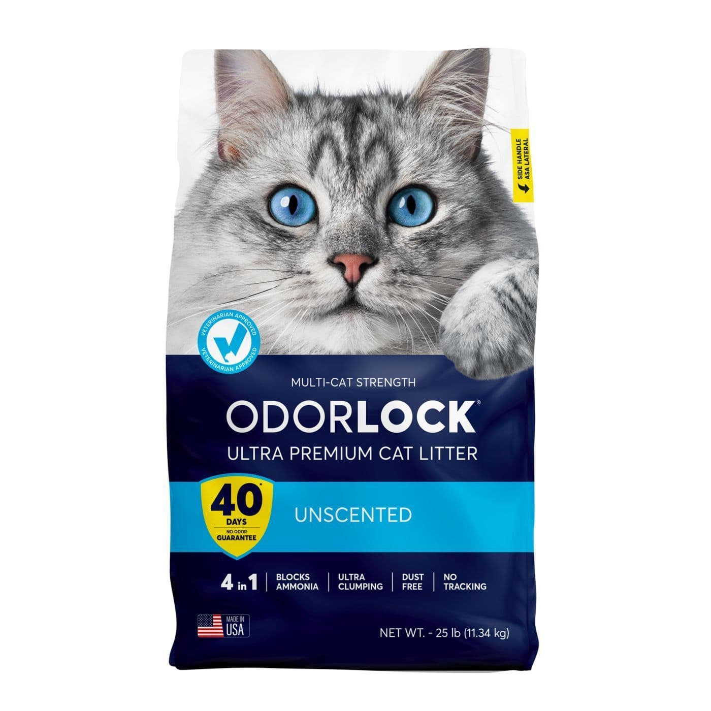 OdorLock Multi-Cat Strength Ultra Premium unscented clumping cat litter, 25-pound bag with a gray cat and 40-day no-odor guarantee