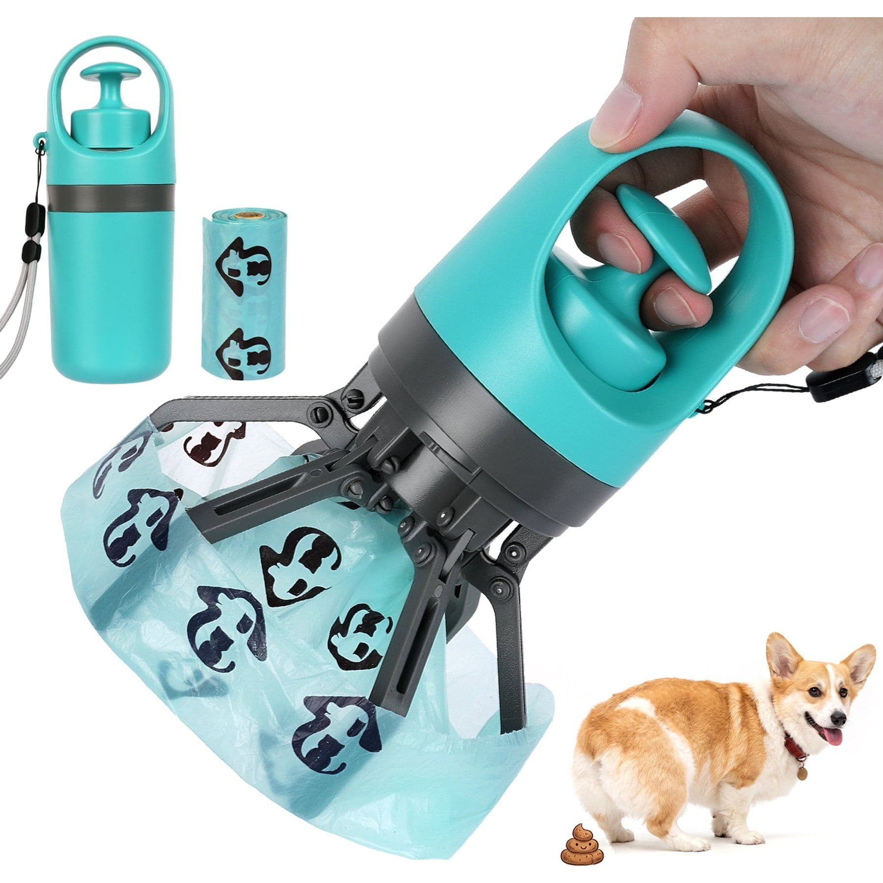 Pawtasy Portable Claw Dog Pooper Scooper with Bags, 2.5 x 2.5 x 7.5-in