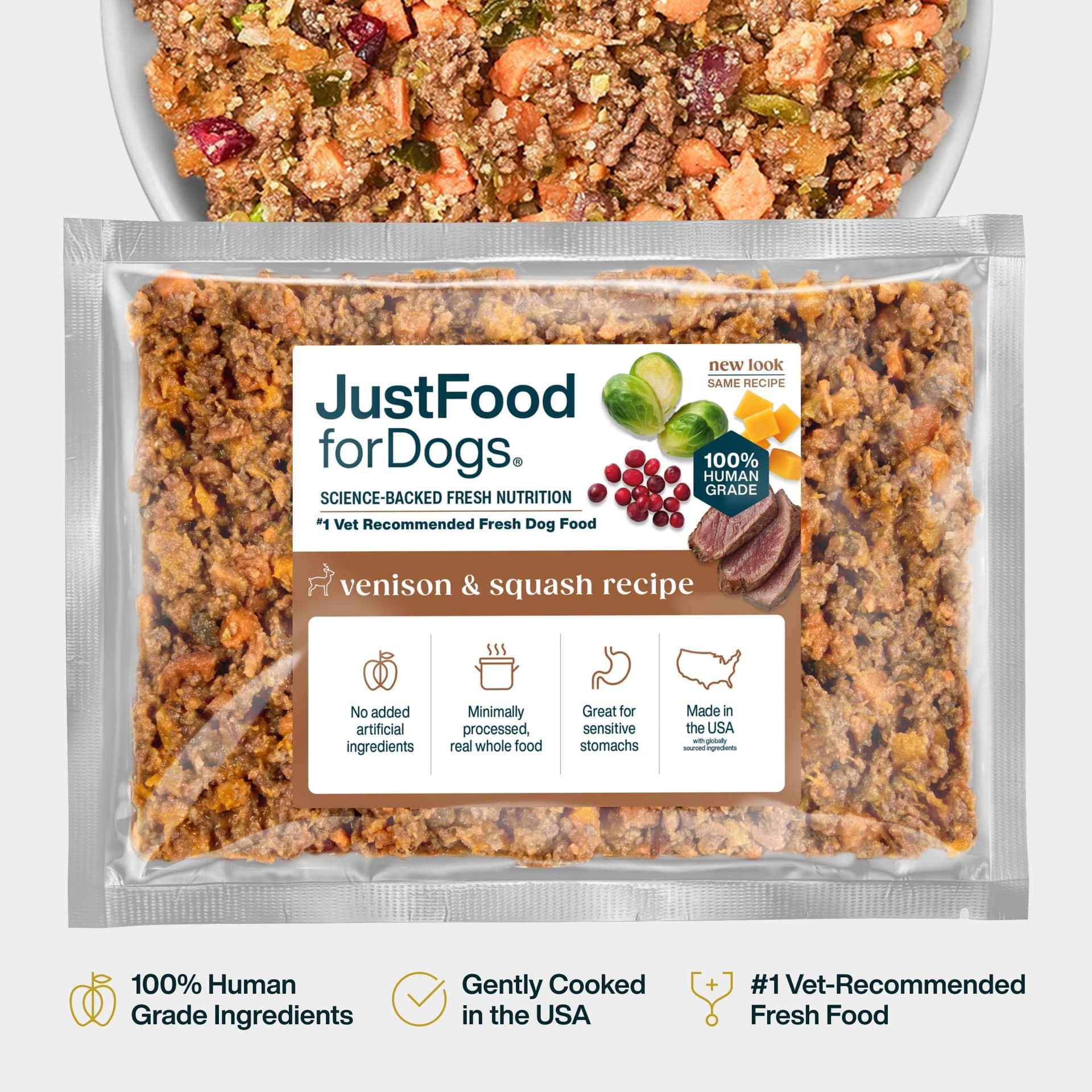 JustFoodForDogs Venison & Squash package and prepared meal
