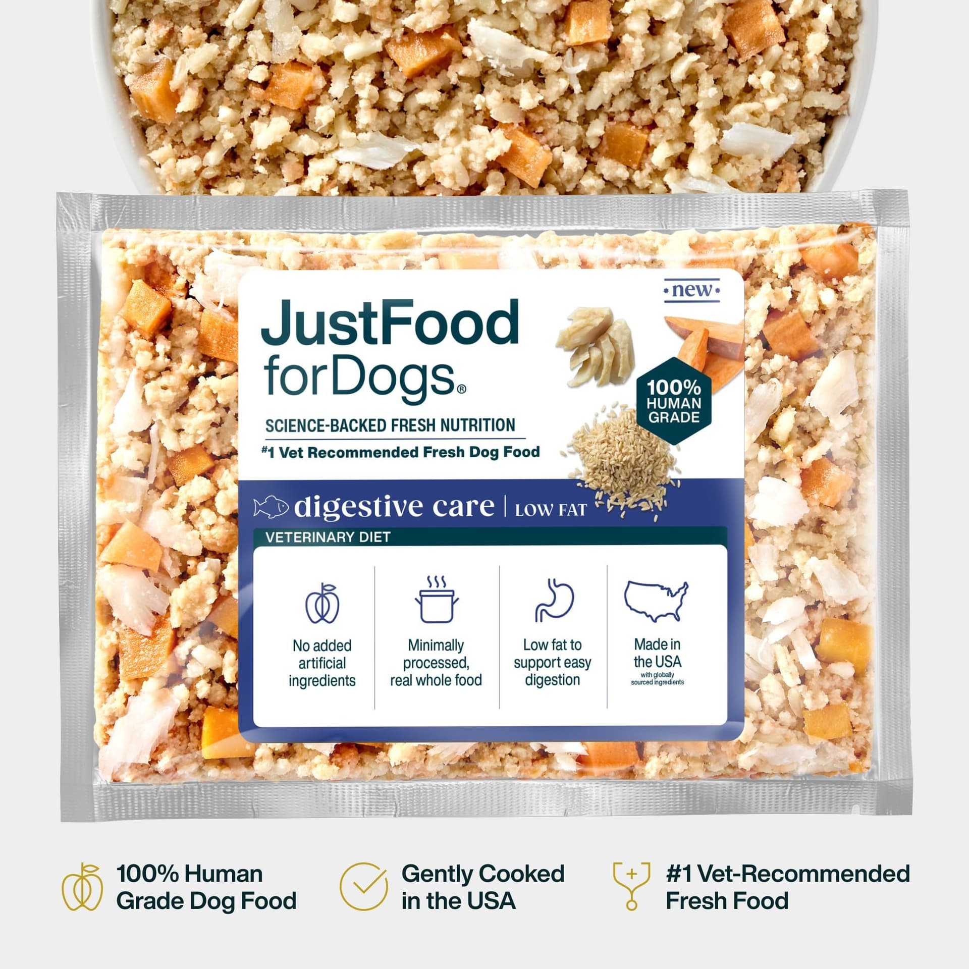 JustFoodForDogs Digestive Care package and prepared meal