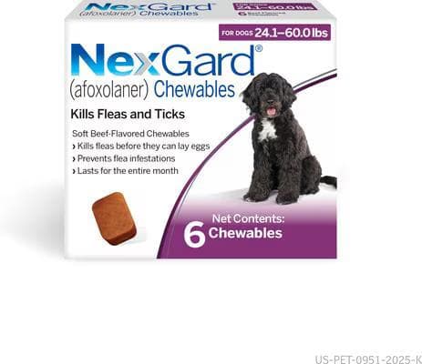 NexGard Chewables for Dogs box, 24.1 to 60 pounds, 6 beef-flavored afoxolaner chewable tablets