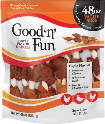 Good n Fun Triple Flavor Kabobs dog treats 48 oz bag with real chicken, duck, and chicken liver