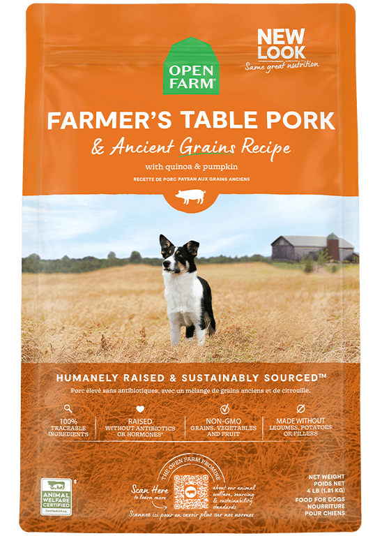 Open Farm Farmer's Table Pork and Ancient Grains dog food bag