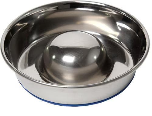 OurPets Durapet stainless steel slow-feed dog bowl with raised center dome