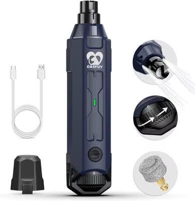 Casfuy Upgraded Quiet 6-Speed electric dog and cat nail grinder in blue with 2 LED lights