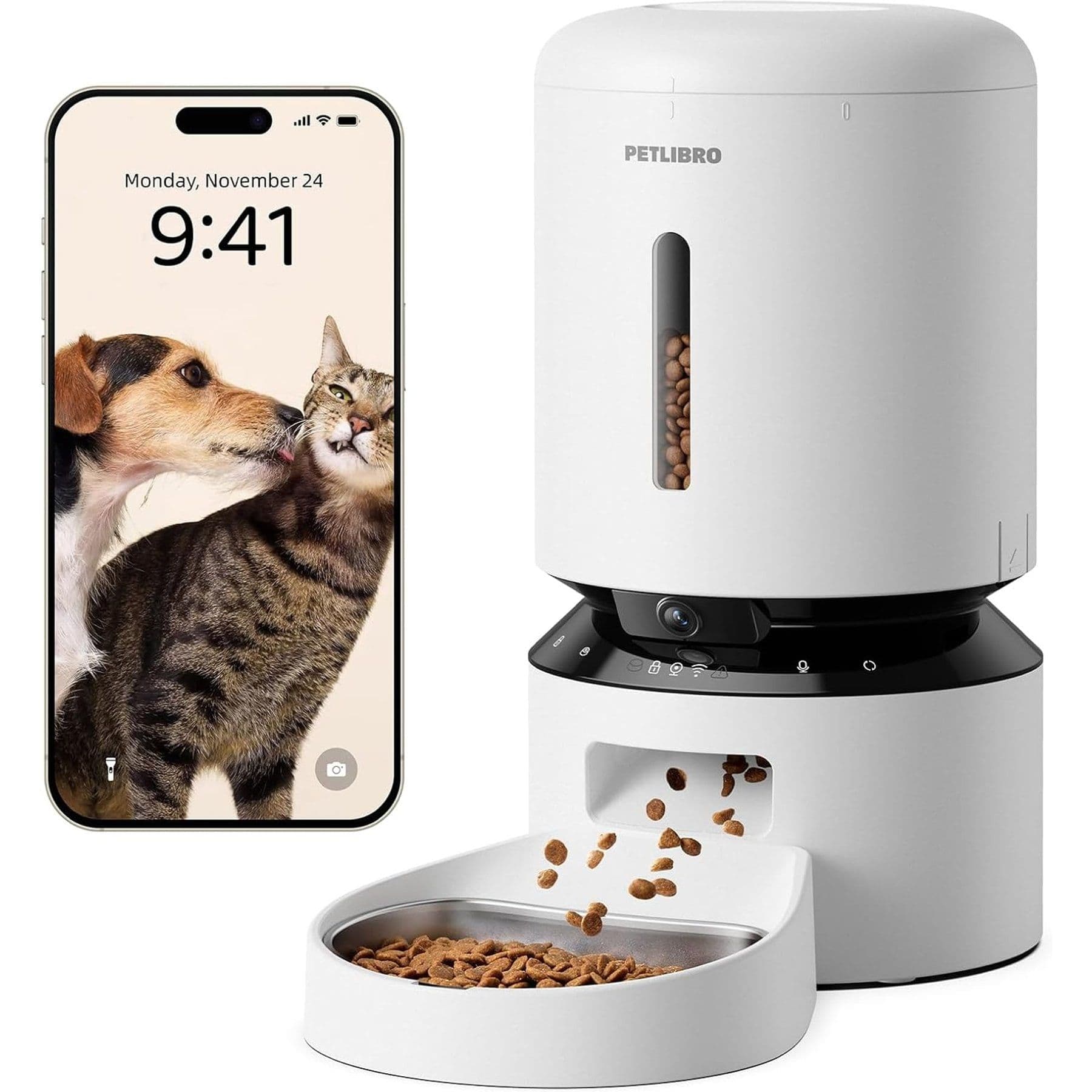 Petlibro Granary WIFI Automatic 3 Desiccant Bags & 90 Day Video Cloud Storage Bundle Cat & Dog Feeder with Camera, White, 5-L