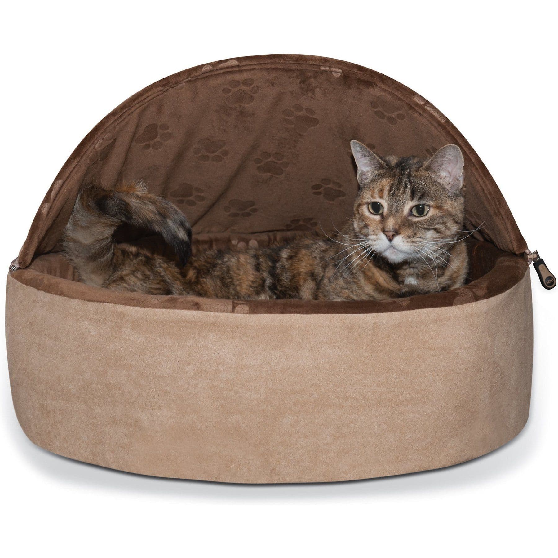 K&H Pet Products Self-Warming Hooded Cat Bed, Chocolate/Tan, Large